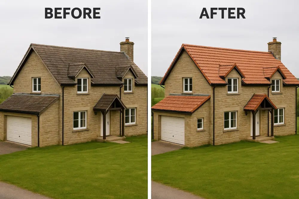 Two-story countryside home with side-by-side images showing an old, worn roof replaced by a new terracotta tile roof, illustrating a complete exterior improvement.