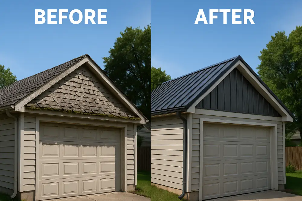 Side-by-side view of a suburban garage showing a worn, damaged roof before and a sleek new metal roof after renovation.