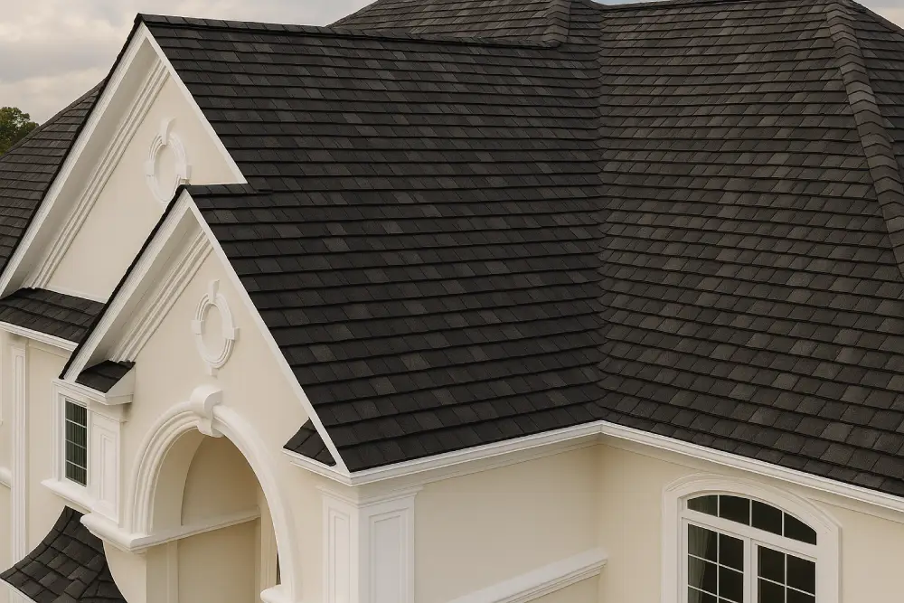 Close-up of dark architectural shingles on a cream-colored home with ornate trim and elegant design features